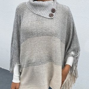 Women's Lapel Striped Fringe Pullover Knit Cape Sweater